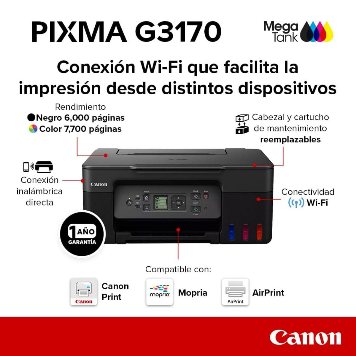 Impresora canon PIXMA MEGA TANK G3170 multifuncional