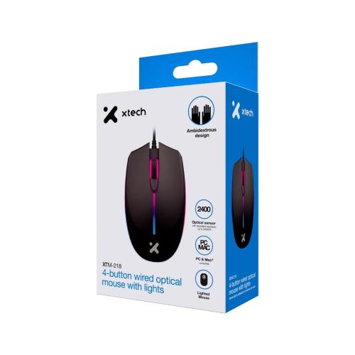Mouse Óptico XTM-218 Alámbrico, 4 Botones, 2400 DPI, Iluminación LED - Negro